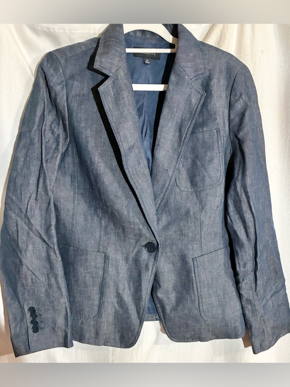 Talbots Blue Linen Blazer Sz 14 Pockets lined Coastal Organic Cruise office